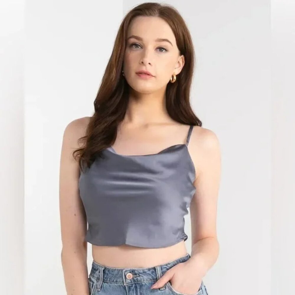 Hollister Gray Satin Cami Tank Top | Size M | Adjustable Straps